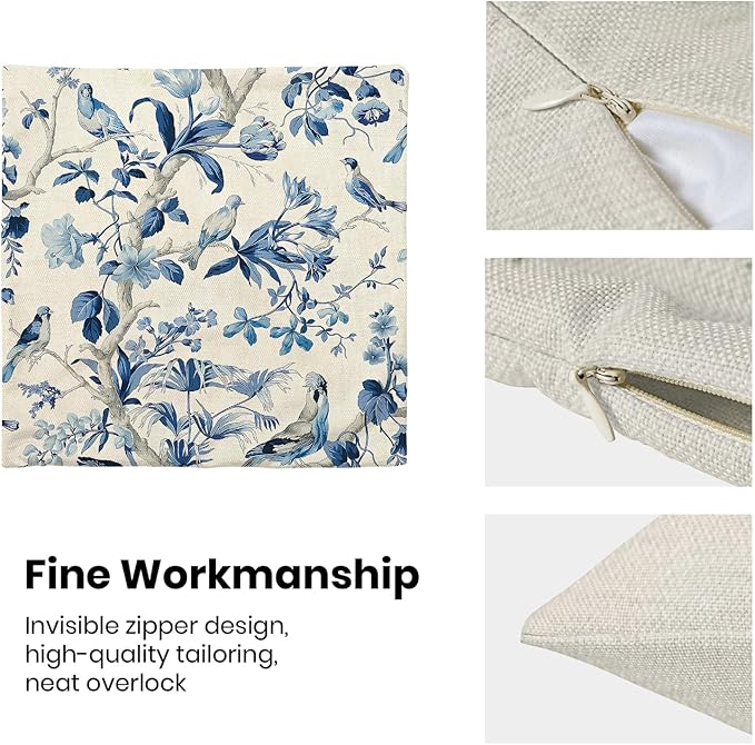 CXMEIFLY Navy Blue Spring Floral Pillow Covers 18 x 18 Inch Set of 2 for Chinoiserie Flowers Bird Decor Throw Pillows Vintage Plant Outdoor Decorative Cushion Cases for Couch Bed Decorations