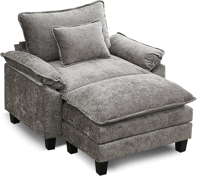 URRED Modular Sectional Sofa Comfy Cloud Couch, Modern Chenille Sofa Sleeper Deep Seat Couches with Ottoman/Pillows for Living Room (Gray, 53''- Ottoman)