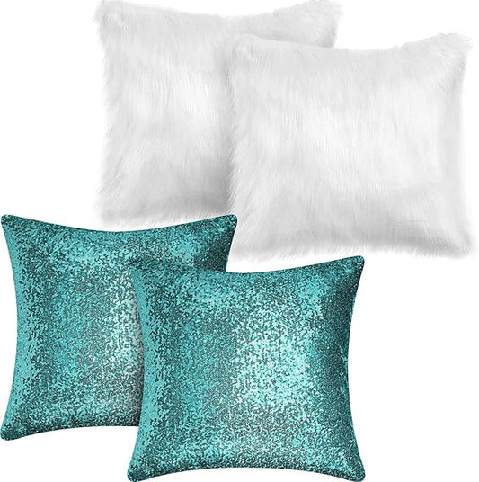 Irenare 4 Pcs Sequin and Fluffy Pillow Covers Winter Throw Pillow Cases Soft Cushion Cover for Couch Bed Sofa Xmas Day(18 x 18 Inch,Lake Blue, White)
