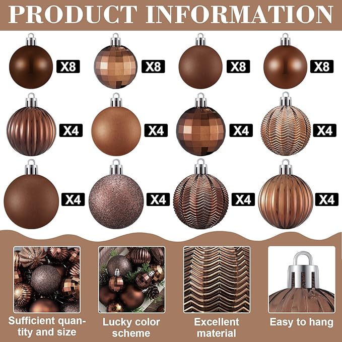 64 Pcs Brown Christmas Ball Ornaments Glitter Matte Brown Xmas Bulbs Ornaments 1.6/1.97/2.4 Inch Neutral Rustic Xmas Baubles Assorted Size Modern Christmas Decoration for Tree Home Indoor Decor
