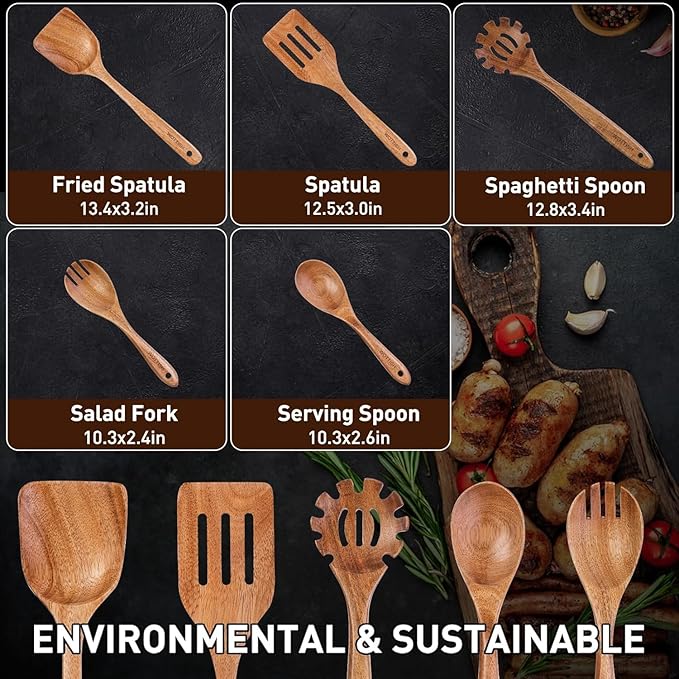 Wooden Spoons for Cooking - 5-Piece Wooden Kitchen Utensil Set made of Natural Solid Wood Material - Includes Salad Spoons, Spaghetti Spoon, Salad Fork, Flat Spatula,Slotted Spatula(A05)