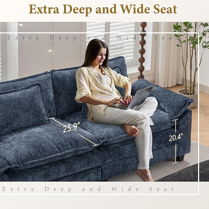 URRED Modular Sectional Sofa Comfy Cloud Couch, Modern Chenille Sofa Sleeper Deep Seat Couches with Ottoman/Pillows for Living Room (Blue, 117'')