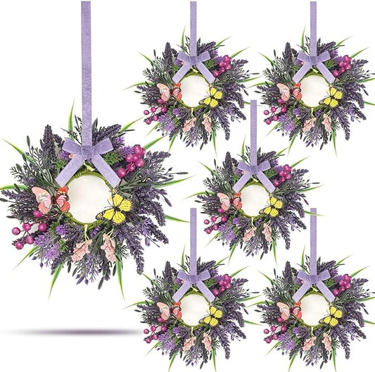 6 Pcs Lavender Wreaths for Front Door Mini Artificial Floral Kitchen Cabinet Swags Spring Summer Candle Rings Wreath with Lavender Berries Butterflies for Year-Round Use Farmhouse Home Decorations