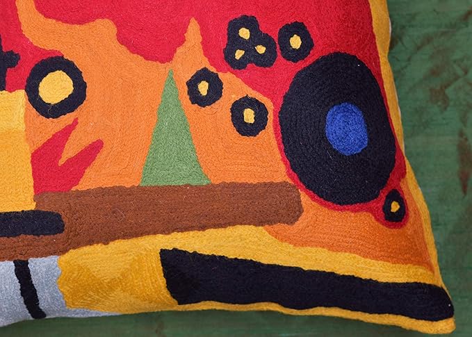 Kandinsky Contemporary Throw Pillow Cover - Heavy Red Space Modern Cushion | Abstract Throw Pillows | Contemporary Pillow | Abstract Chair Cushions | Hand Embroidered Cushion | Wool Size 18x18