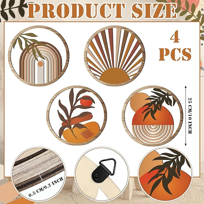 Qunclay 4 Pieces Boho Wall Art Wooden Bohemian Wall Decor Hanging Art Nursery Decor Farmhouse Geometric Hanging 10 Inch Aesthetic Wood Minimalist for Apartment Bedroom(Stylish)