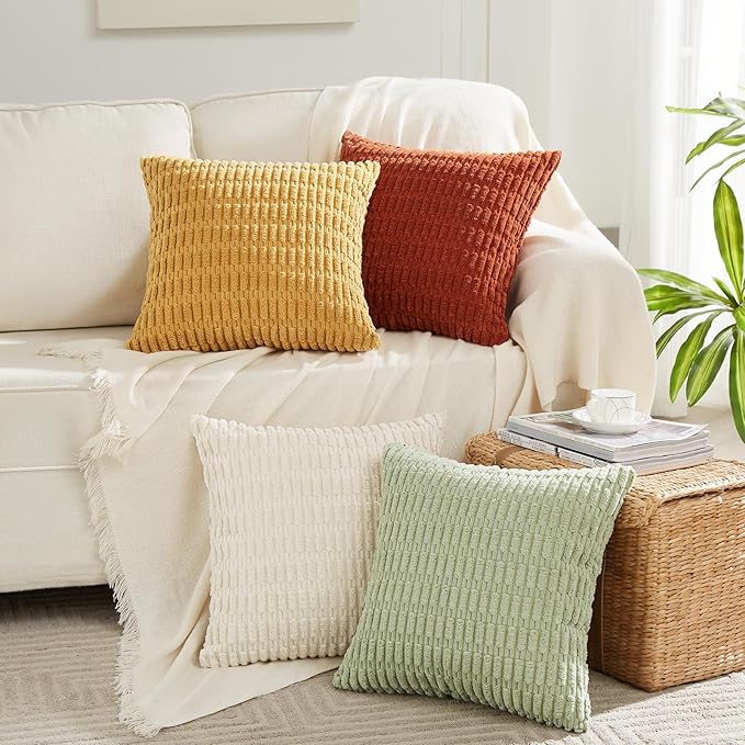 Fancy Homi 4 Packs Fall Decorative Throw Pillow Covers 16x16 Inch for Living Room Couch Bed Sofa, Rustic Farmhouse Boho Home Decor, Soft Plush Striped Corduroy Square Cushion Case 40x40 cm