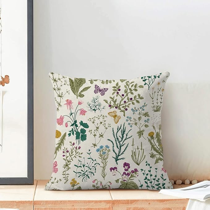CXMEIFLY Spring Pillow Covers 18 x 18 Inch Set of 2 Vintage Sage Green Teal Wild Flowers Decor Throw Pillows Leaves Plant Outdoor Farmhouse Decorative Cushion Cases for Couch Bed Sofa Decoration