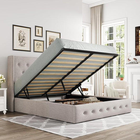 Allewie Full Size Lift Up Storage Bed, Button Tufted Headboard with Wingback, Hydraulic Support, No Box Spring Needed, Light Beige