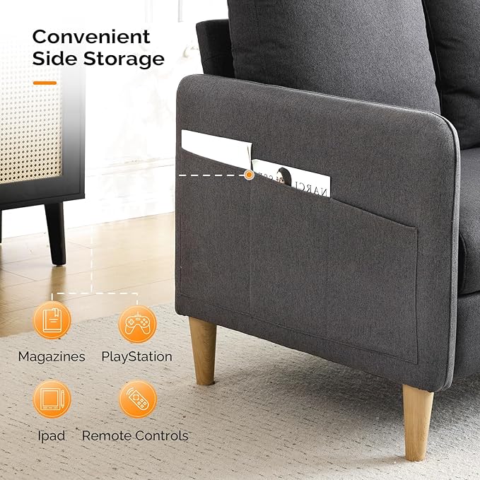 VINGLI 47" Small Couch, Dark Grey Linen Loveseat Sofa Mini Couch Mid Century Modern Decor Love Seat for Small Spaces Living Room, Bedroom, Play Room