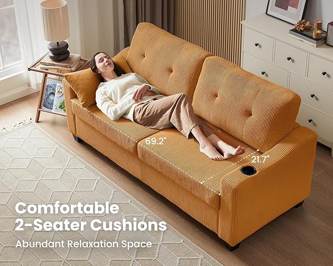 Pull Out Sofa Bed, Full Size Sleeper Sofa, 2-in-1 Convertible Corduroy Couch with USB Charging, Memory Form Couch for Living Room, Apartment and Small Space (Mustard Yellow, Corduroy - Queen Size)