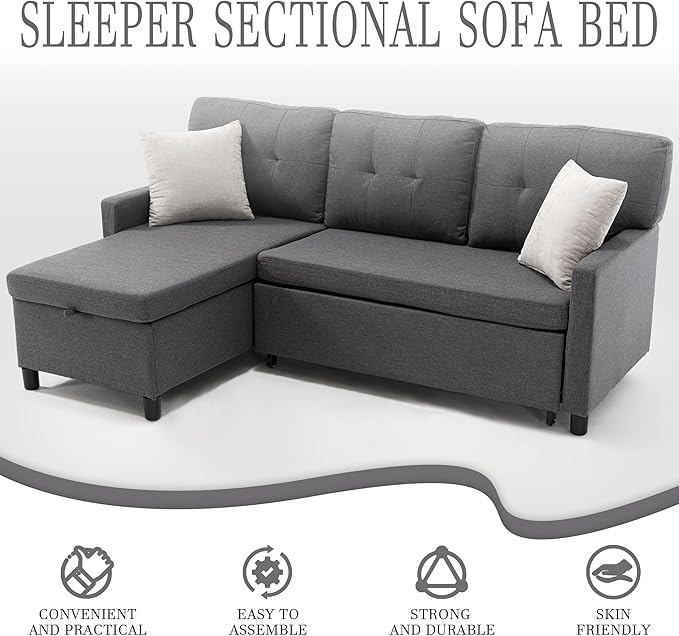 Pull Out Couch, Oversized Sleeper Sofa Couch, Sectional Sleeper Sofa Bed for Living Room Bedroom Lounge (Grey, 73 Inch)