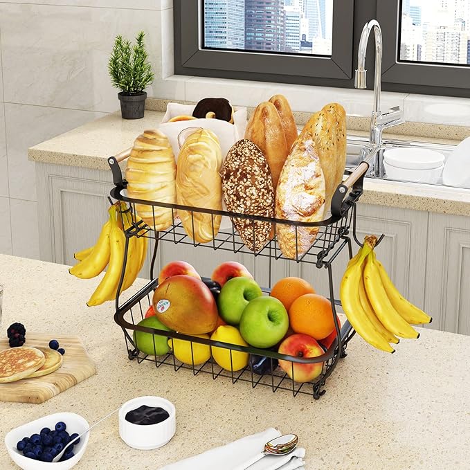 ANTOPY 2 Tier Fruit Basket with 2 Banana Hangers, Countertop Fruit Vegetable Basket Bowl for Kitchen Counter Metal Wire Fruits Storage Stand Holder Organizer for Bread Snack Veggies Produce