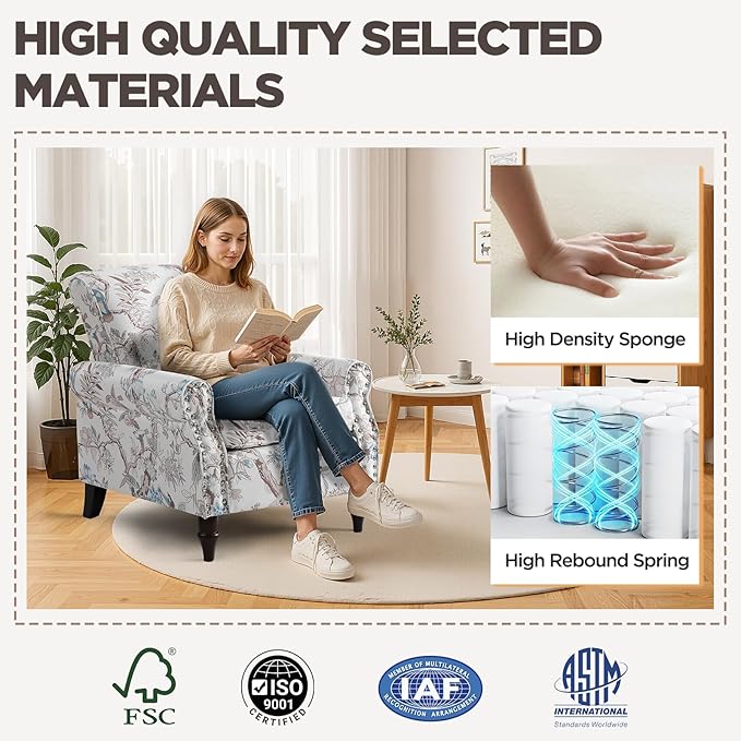 Wingback Accent Chair with Removable Pillow, High Back Floral Armchair with Solid Wood Legs & Nailhead Trim, Comfy Upholstered Reading Single Sofa Chair for Bedroom (1, Bird Floral Pattern)