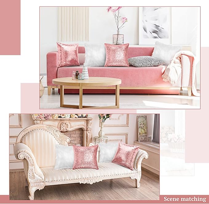 Irenare 4 Pcs Sequin and Fluffy Pillow Covers Winter Throw Pillow Cases Soft Cushion Cover for Couch Bed Sofa Xmas Day(18 x 18 Inch,Pink, White)