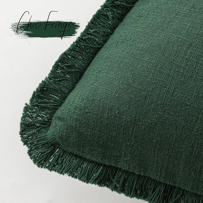 Foindtower Decorative Linen Fringe Throw Pillow Covers Cozy Boho Farmhouse Cushion Cover with Tassels Soft Accent Pillowcase for Chair Sofa Bed Living Room Home Decor, 26×26 Inch,1PC,Pine Green