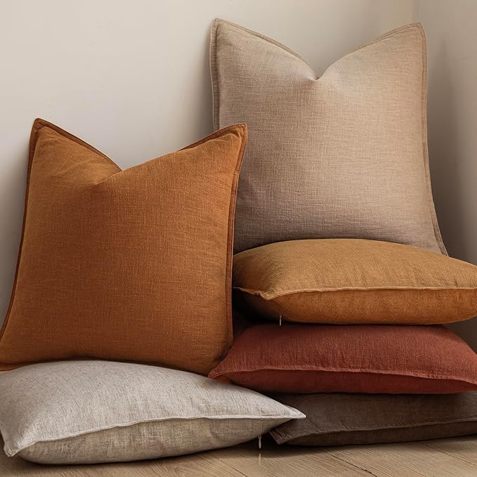 Foindtower Set of 2, Decorative Linen Soild Throw Pillow Covers Soft Accent Cushion Euro Case Boho Farmhouse Pillowcase for Chair Couch Sofa Bedroom Living Room Home Decor 18 x 18 Inch Autumn Orange