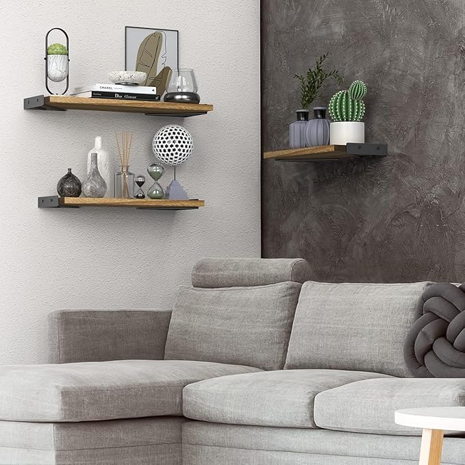 BAYKA Wall Shelves for Bedroom Decor, Floating Wall Shelves for Living Room Kitchen Storage, Wall Mounted Rustic Wood Floating Shelves for Kids Books, Corner Shelves for Bathroom(Brown，Set of 3)