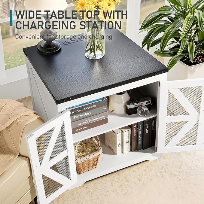 Farmhouse End Table, 24" Large Sofa Side Table with Charging Station, Mesh Barn Door, White Nightstand with Adjustable Storage Shelf, Square Nightstand for Living Room, Bedroom, Office