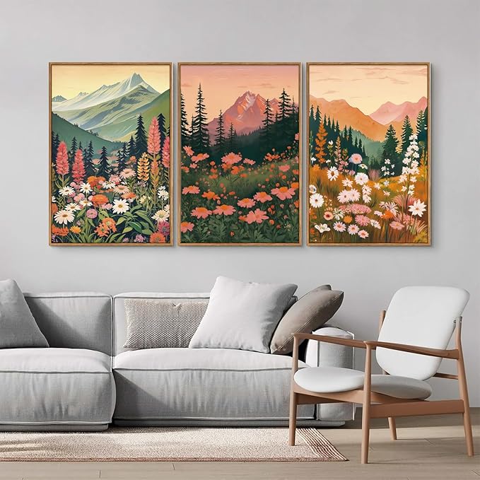 Tinonedraw Colorful Nature Flowers Framed Canvas Wall Art Set, Boho Blue Ridge Mountain Wall Decor,Floral Forest Scenery Artwork, Modern Wildflower Blossom Landscape Art Prints for Living Room Bedroom Office 16"x24"x3