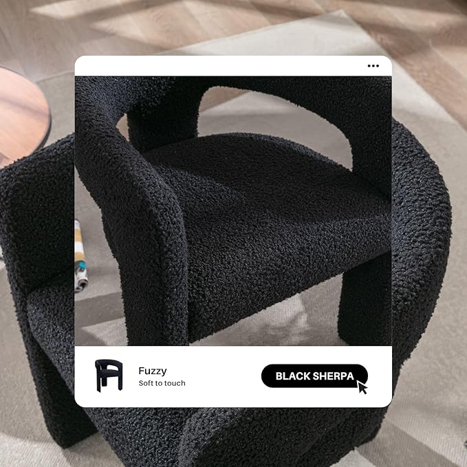 Black Sherpa Dining Chairs Set of 2, Modern Barrel Dining Room Chairs Upholstered Faux Fur Accent Chair with Arms and Round Back for Living Room Kitchen Armchair No Assembly Needed