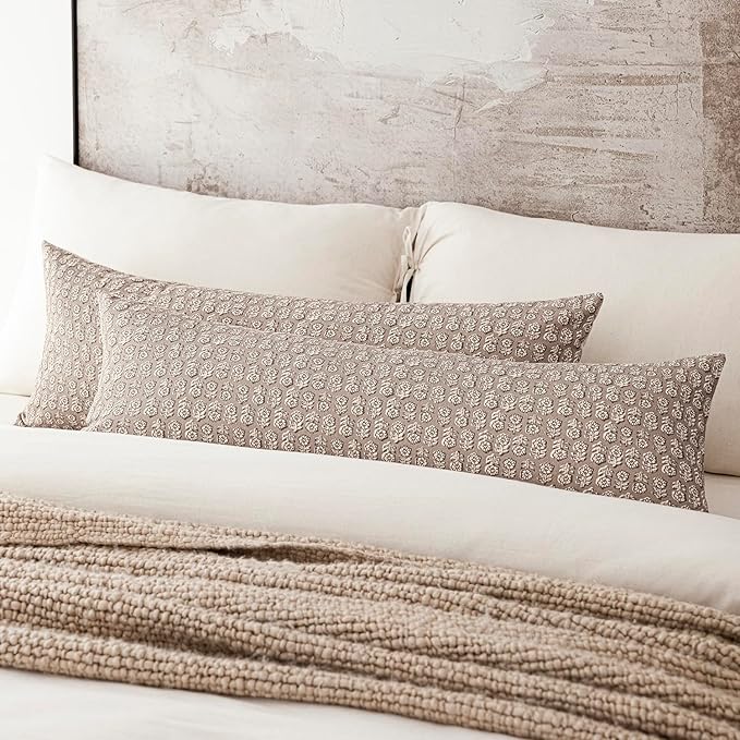 Foindtower Set of 2 Decorative Floral Body Lumbar Throw Pillow Covers Neutral Modern Farmhouse Cushion Covers Vintage Home Decor for Sofa Couch Chair Bedroom Living Room,14×36 Inch,Tan Taupe