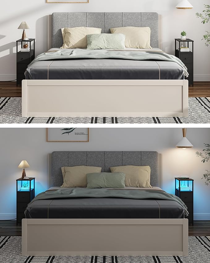 TUTOTAK Narrow LED Night Stand with Charging Station, Slim End Table with Plugins, Tall Side Table with 3 Fabric Drawer, Small Bedside Table with Storage, for Living Room, Black TB01BK086L