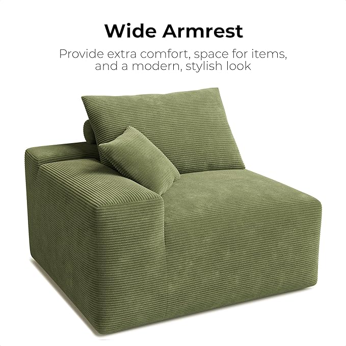 LIKIMIO 120" Modern L-Shaped Modular Sectional Sofa for Living Room, Corduroy Upholstery Green, Oversized 3-Seater Couch with Deep Seat and Movable Ottoman – No Assembly