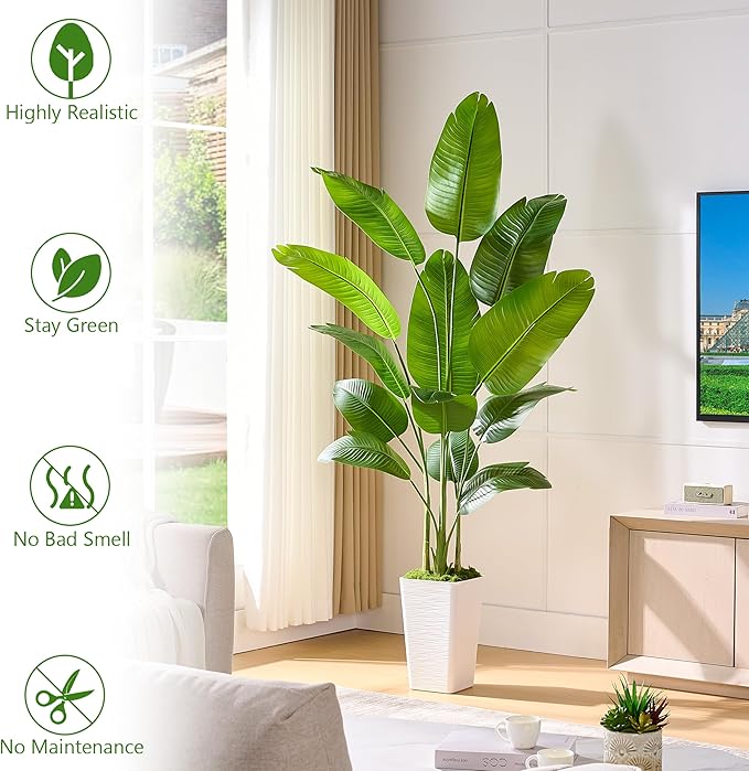 Lifelike Bird of Paradise Silk Artificial Plant Faux Banana Leaf Tree for Home Decor - Perfect Indoor Floor Plant with 11 Trunks (1, White Tall Planter, 6.6 FT)
