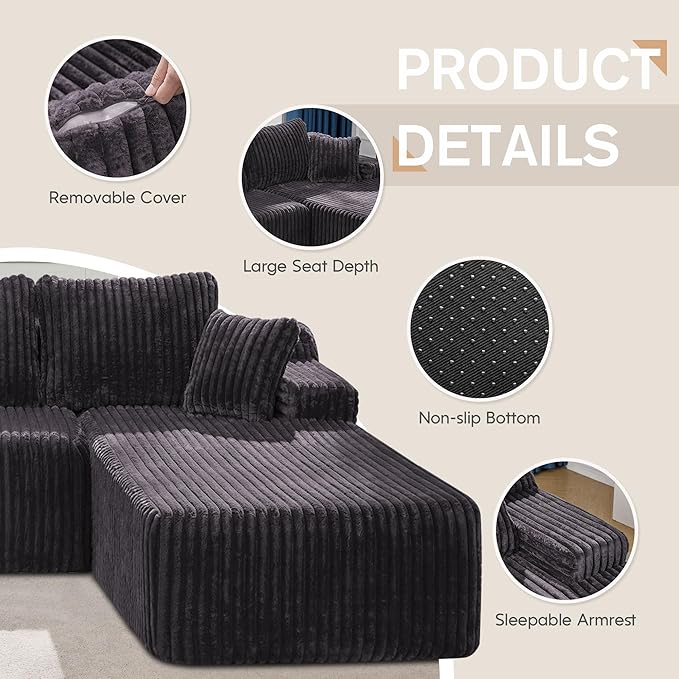 Hobestluk Modular Sectional Sofa Couches 108" L-Shape Couch 3 Seat Modular Sofa Memory Foam Sectional Couches for Living Room, Boneless Couch with Oversized Chaise (Grey, Right Facing)