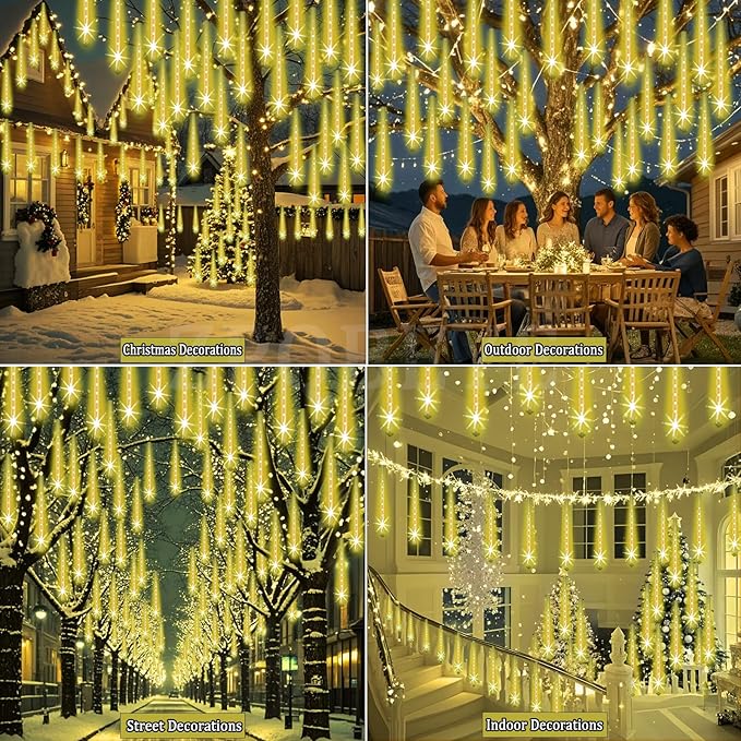 Outdoor Meteor Shower Christmas Lights 24-Tube 576LEDs Shooting Star Waterfall Meteor Shower Falling Rain Light for Christmas Tree Decorations Wedding Party Holiday Garden, UL Plug Warm White