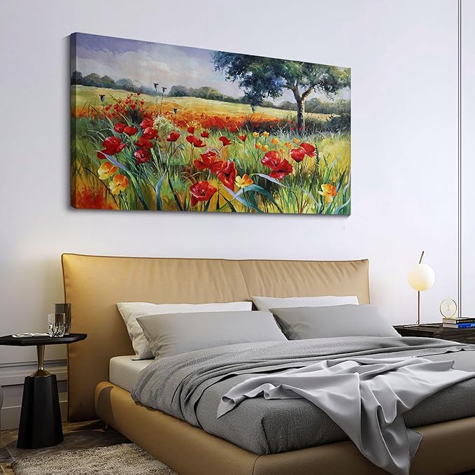 Wall Decor for Living Room Large Wall Art Green Trees Red Yellow Flowers Canvas Art Wall Decor for Bedroom Modern Home Decor Framed, Nature Prints Artwork Wall Decorations 24x48