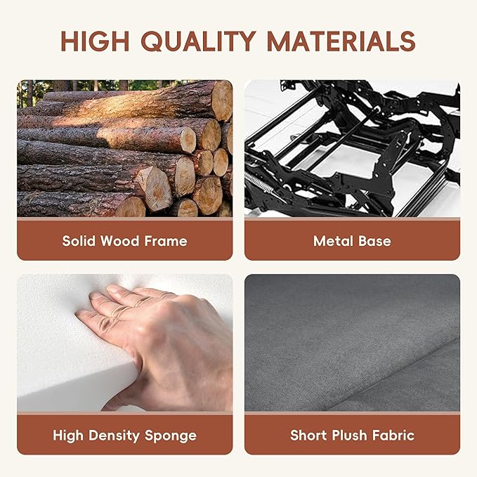 Rocker Recliner Chair, Overstuffed Manual Rocking Recliner for Adults, Upholstered Comfy Soft Fabric Living Room Reclining Sofa Chair(Gray)