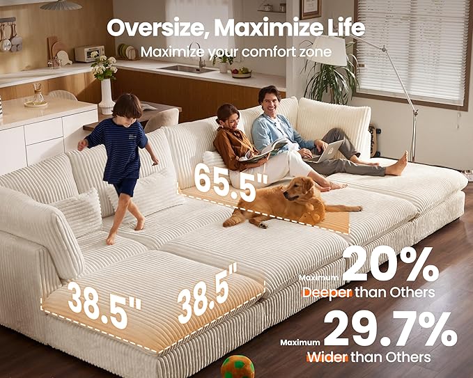 Oversized Modular Sofa, Extra Deep Cloud Corduroy Sectional Couch with Ottoman Chaise, Fluffy Corduroy 4 Seater Couch Bed for Living Room, Villa (Sofa Bed 4 Seater, Corduroy White)