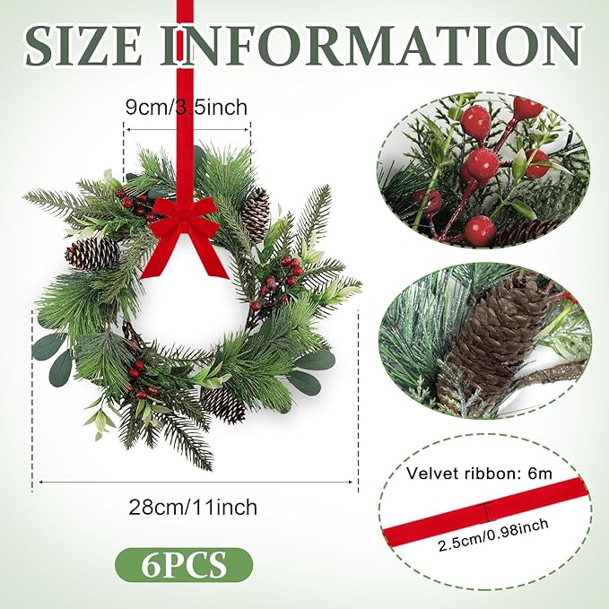 6 PCS 9" Small Christmas Norfolk Wreaths Mini Cabinet Wreaths for Kitchen with Red Berry Pinecone Cedar Bows Snowy Pine Wreath for Xmas Front Door Window Fireplace Home Table Pillar Stairs Decor