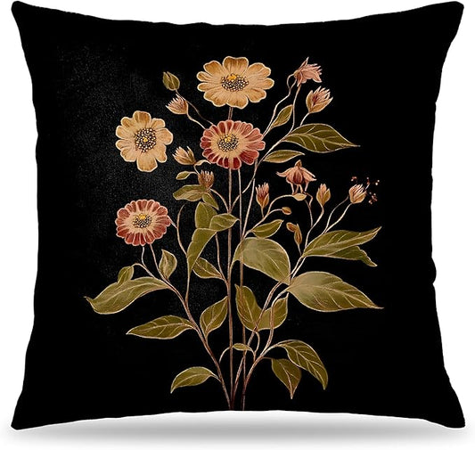 Vintage Botanical Floral Pillow Covers 18x18, Retro Dark Cottagecore Rustic Wildflower Decorative Throw Pillow Covers for Bedroom Living Room Home, Floral Room Decor