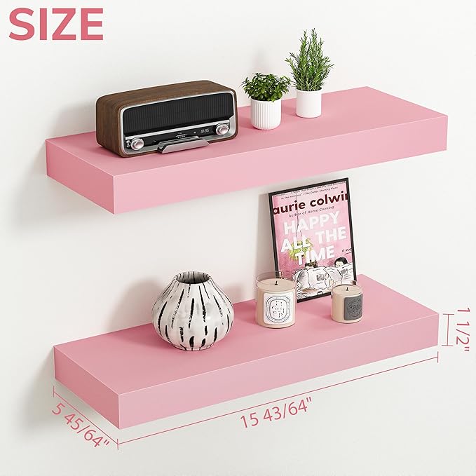BAMEOS Pink Floating Shelves for Wall, 16" x 6" Wall Shelves for Room, Floating Book Shelves, Hanging Shelves for Bedroom, Bedroom, Living Room, Kitchen (Set of 2)