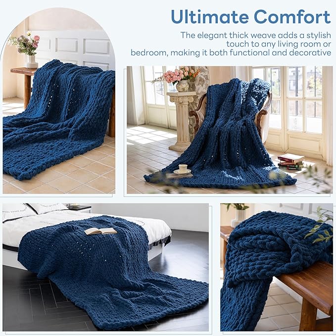 Chunky Knit Blanket - Luxury Soft Cozy 50 * 60 Throw Blanket,100% Woven Blanket Rope Knot Throw Blanket for Couch, Sofa, Home Decor, Gift - Machine Washable（Deep Blue）