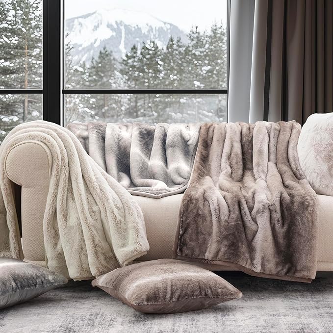 Ultra Soft Luxury Fluffy Mink Faux Fur Throw Blanket, Thick Warm Fall Winter Blankets for Bed, Couch, Cozy Plush Reversible Blanket for Chair, Sofa (Ombré Hazel Brown, 60"x80")