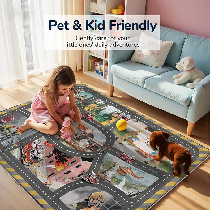 5x7ft Kids Fire Department Missions Play Rug,Non-Slip Faux Wool Carpet with Interactive Fire Department Missions Design for Playroom, Bedroom, Nursery Gift