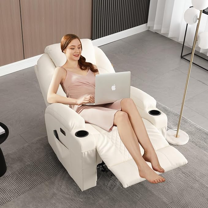 Power Recliner Chair with Heat and Massage, PU Leather Home Theater Seating with LED Lights/Cup Holders/Side Pocket/USB Port, Reclining Sofa Chair for Living Room (1, Beige)