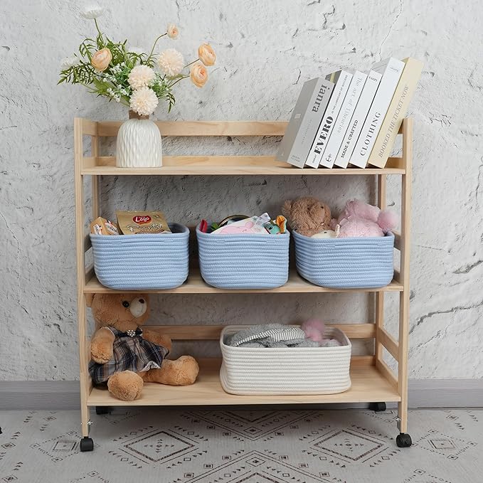 Small Woven Storage Baskets 12“X8”X5“ Decorative Rope Bins for Organizing Shelves, Closets, and Toys, Empty Gift Baskets, Cute Organizer Basket for Home and Office (blue, regular)