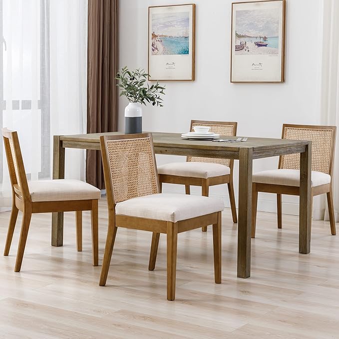 VESCASA Upholstered Dining Chairs with Square Rattan Back, Armless Padded Linen Cushion Dining Chairs with Wood Legs for Dining Room, Kitchen, Set of 6, Natural Frame