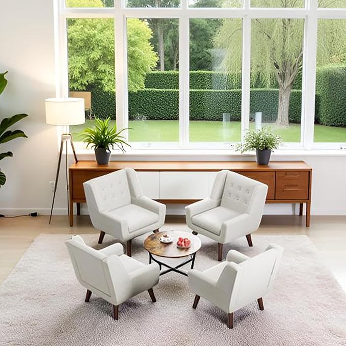 HUIMO Button-Tufted Accent Chairs Set of 2,Upholstered Reading Living Room Chair,Mid Century Modern Chair with Linen Fabric, Club Chair,Comfy Arm Chairs for Living Room,Bedroom,Beige