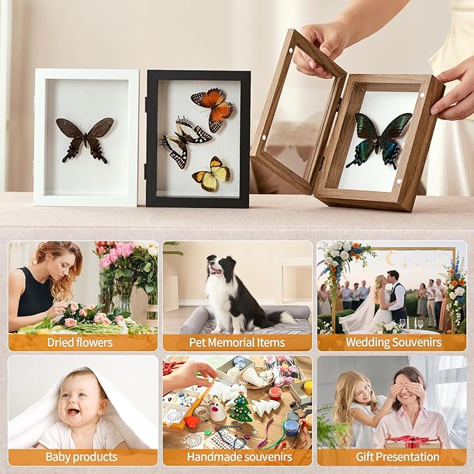 5x7 Deep Shadow Box Picture Frame Display Case with Linen Back and Stand,Real Glass Small Mini Black Shadow Memory Box Frame 5x7 for Insect Display Pet Photo Memorial Flower Art Craft Gift