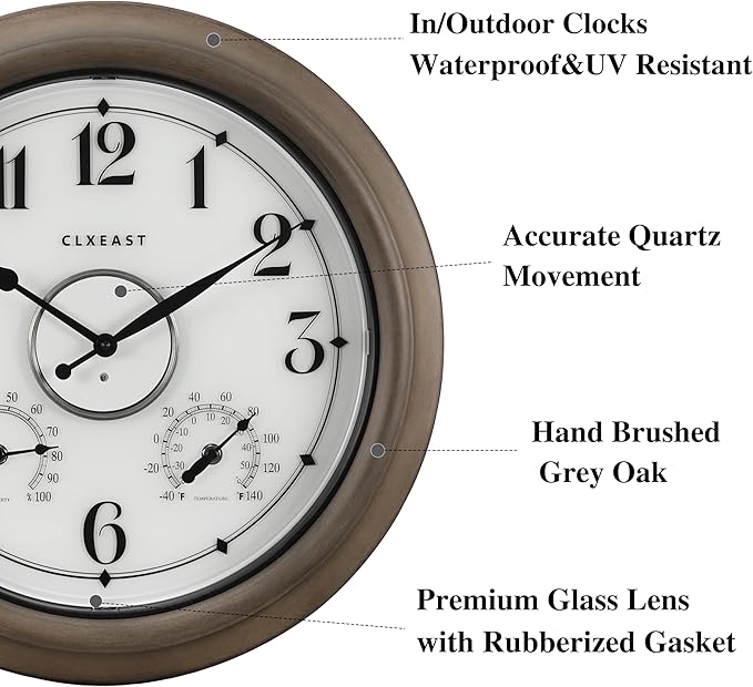 CLXEAST Illuminated Outdoor Clocks Waterproof 18 Inch with Smart Sensor,Large Outdoor Pool Clock with Temperature & Hygrometer,Grey Oak/Faux Barnwood,House Warming Gifts New Home