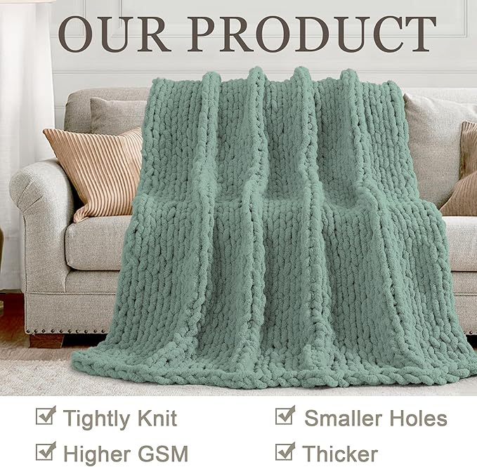 Chunky Knit Throw Blanket 50"X 60", 100% Handmade with Soft Chenille Yarn, 4.4lbs Thick Cable Knitted Blankets, Large Rope Knot Crochet Throws for Couch Sofa Bed Home Decor, Sage Green