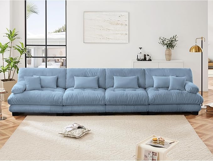 Modular Sectional Sofa, Comfy Cloud Couch 4 Seater Couch, Sectional Couches for Living Room, Modern Chenille Oversized Couches for Bedroom, Sleeper Deep Seat Sofa with Throw Pillows, Blue