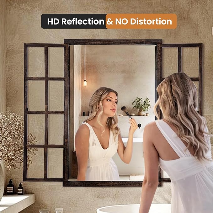 Wall Mirror with Window Design, 38"x26" Rustic Farmhouse Wood Mirror for Wall Decor, Decorative Vintage Mirror for Living Room, Bedroom, Entryway