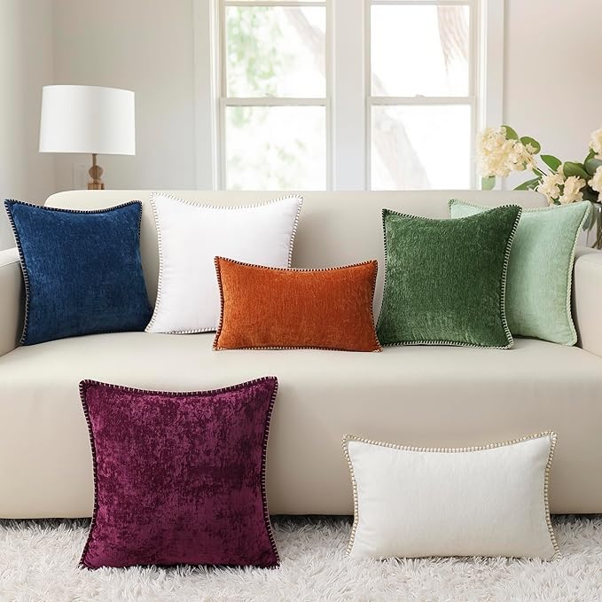 decorUhome Chenille Soft Throw Pillow Covers 26x26 Set of 2, Farmhouse Velvet Neutral Decorative Euro Pillow Covers with Stitched Edge for Couch Sofa Bed Home Decor, Rhododendron