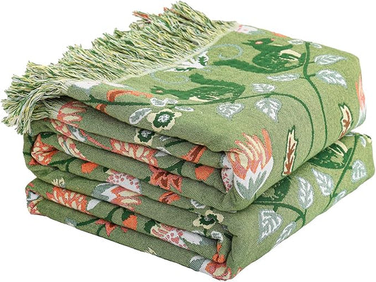 Boho Throw Blanket 80"x90", 100% Cotton Ultra Soft Luxury Throw for Couch and Sofa Blankets Home Decor, All Season Florals and Animals Throw Reversible Breathable Cozy Blankets